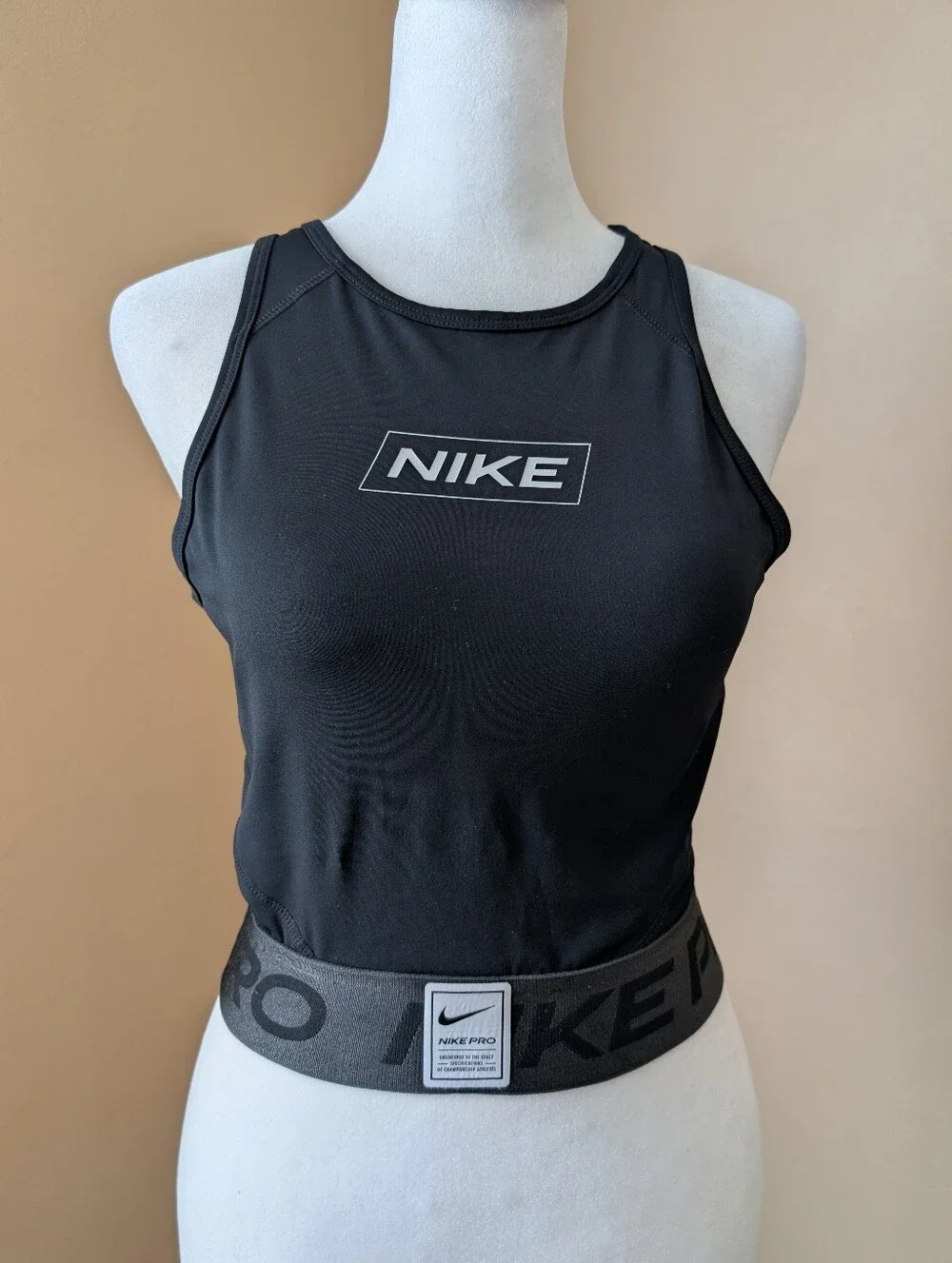 Nike Pro Dri-FIT Graphic Crop Tank Top Black White Logo Size S